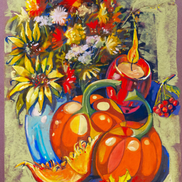 Decorative composition with pumpkins and flowers