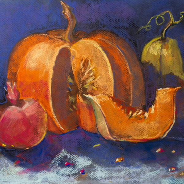 Still life with pumpkins and pomegranate