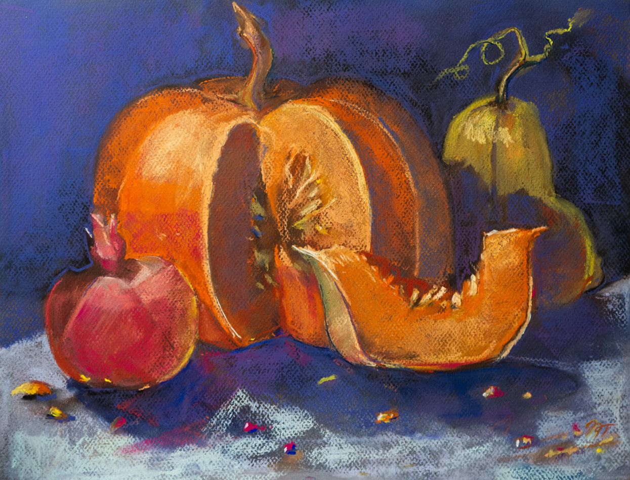 Still life with pumpkins and pomegranate